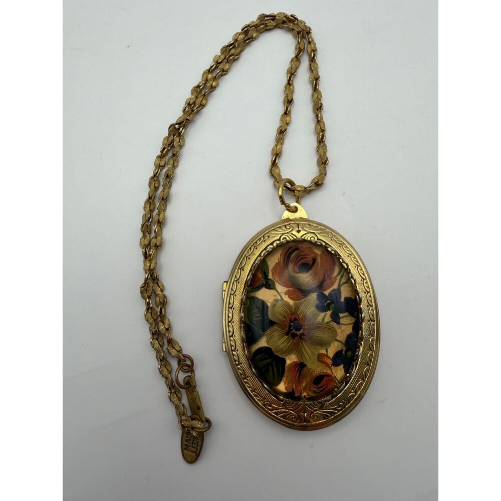 Vintage Miriam Haskell Large Floral Locket Pendant Necklace Signed 1970s - Picture 2 of 9